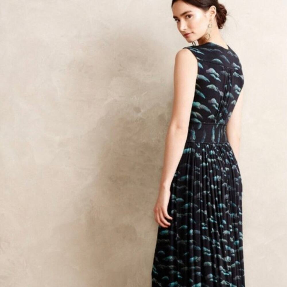 Anthropologie Deletta Landscape Print Maxi Dress V-Neck Tie Waist Black Teal PXS